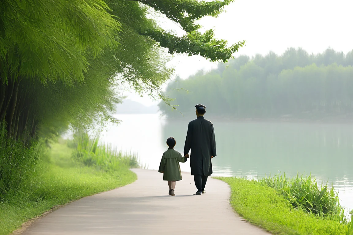 An adult and child walking together on a path by the water